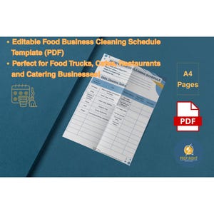 May include: A cleaning schedule template for food businesses, with the text "Editable Food Business Cleaning Schedule Template (PDF)". The image includes a PDF icon and the words "A4 Pages". The background is blue.