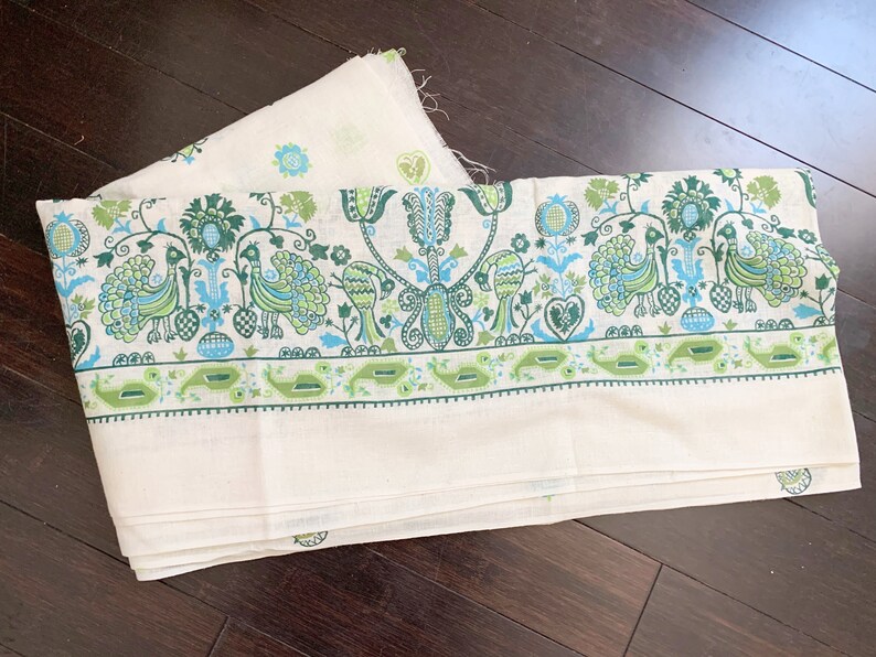 Vintage Green and Blue Peacock Linen Fabric 3 yards