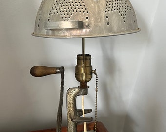 Vintage Meat Grinder Lamp with Colander Shade