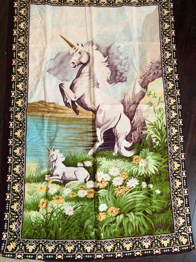 Unicorn Cotton Tapestry /Fantasy Wall Hanging Vintage /Made In Turkey 35 x 55