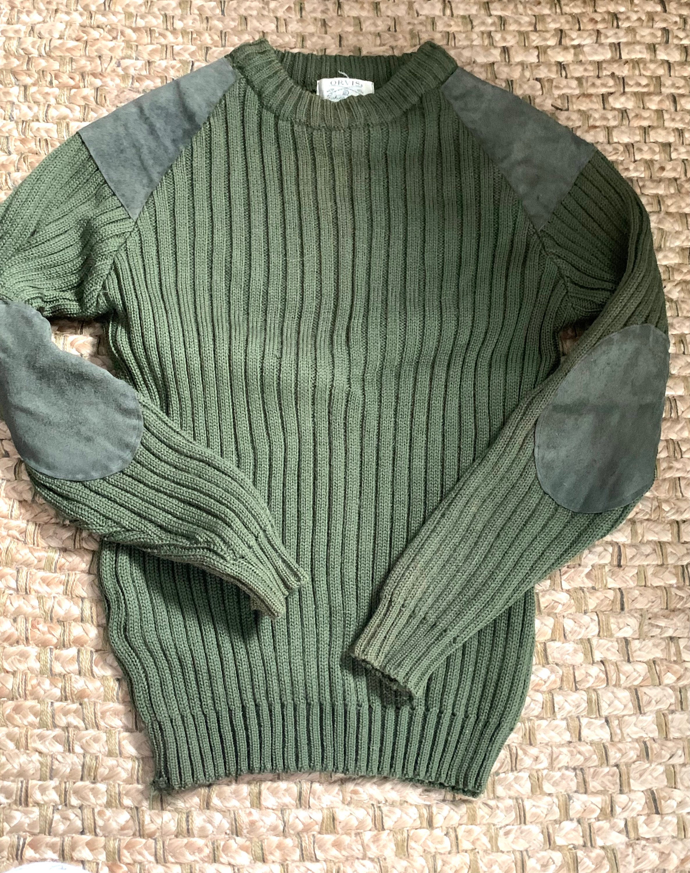 RARE Vtg Orvis Fishing & Tackle Mens Green Sweater /100% British Wool  Suede/size Small -  Denmark