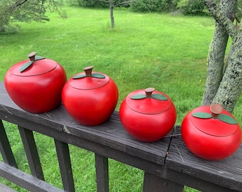 Vintage Red Apple Canisters/ Aluminum Set of 4 MCM /Vintage Plastic Handles