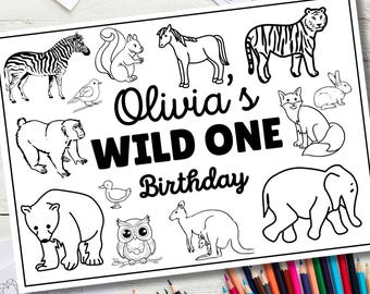 Wild One Colouring Placemat – Printable First Birthday Activity Sheets, Jungle Safari Party Favour