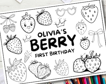 Berry First Birthday Colouring Placemat – Strawberry Theme Printable Birthday Activity Sheets, Party Favour