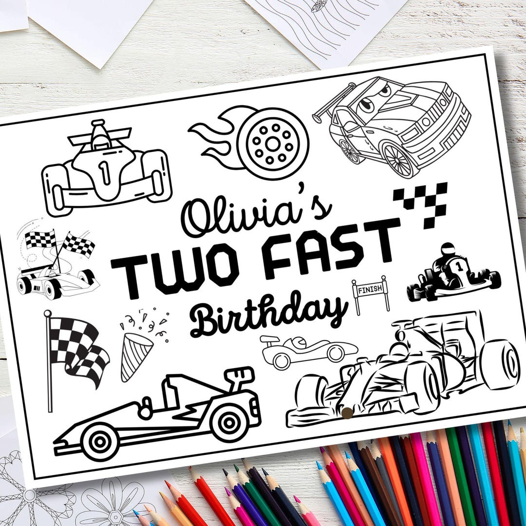 Two Fast Colouring Placemat – Printable Second Birthday Activity Sheets ...