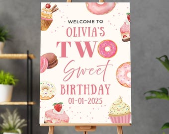 Letrero de bienvenida para segundo cumpleaños con temática de dos dulces: Decoración para fiestas (Plantilla Canva de descarga digital)