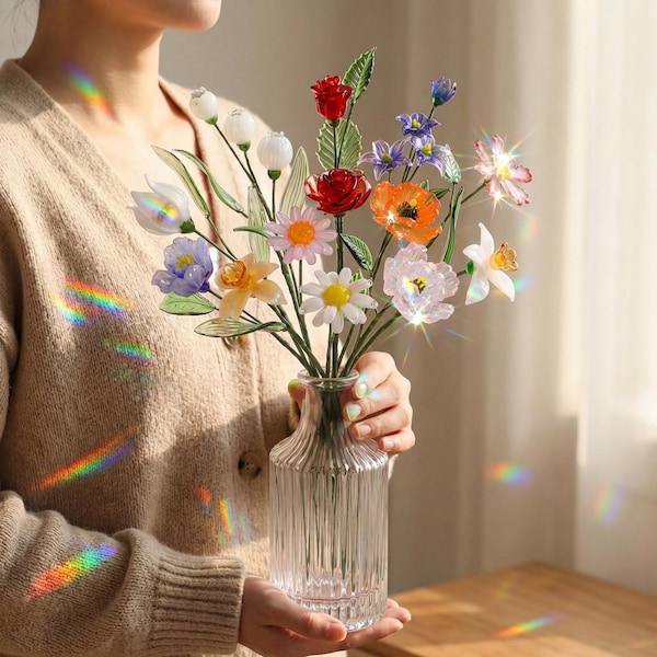 Mundgeblasenes Glas Geburtsmonat Blumenstrauß - Mundgeblasene Glasblumenkunst, einzigartiges Geburtstags- und Jubiläumsgeschenk, immer währendes Wohndekor