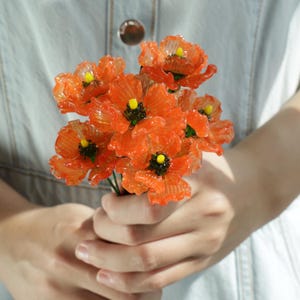 Könnte beinhalten: Ein Strauß aus orangefarbenen, durchscheinenden Mohnblumen mit gelben Zentren und dunkelgrünen Akzenten. Die Blumen werden in den Händen einer Person vor einem hellblauen Hintergrund gehalten. Die Blütenblätter haben ein zartes, strukturiertes Aussehen.