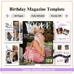 May include: A digital birthday magazine template featuring a central Vogue-style cover with a pink handbag, surrounded by various layout pages including photo collages, text boxes, and graphic elements. The design includes the text Birthday Magazine Template, +55 Pages, Fully Editable, Trendy Gift, and Canva Magazine Template.