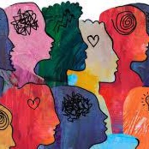 May include: A colorful illustration of multiple human profiles, each filled with a different design. The profiles are painted in various colors, including orange, red, blue, and green, with symbols like hearts, suns, and lightbulbs inside.