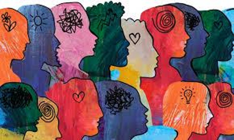 May include: A colorful illustration of multiple human profiles, each filled with a different design. The profiles are painted in various colors, including orange, red, blue, and green, with symbols like hearts, suns, and lightbulbs inside.