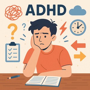 May include: Illustration depicting a person with a worried expression, resting their head on their hand. The word "ADHD" is above the person. Surrounding the person are icons of a cloud, clock, arrows, question marks, and a to-do list.