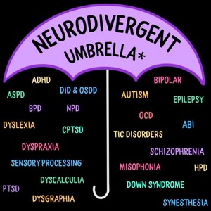 May include: A graphic depicting a purple umbrella with the words "NEURODIVERGENT UMBRELLA" in white. Various conditions such as ADHD, Autism, and Dyslexia are listed below the umbrella on a black background.