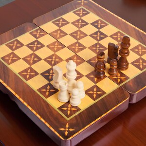 Handcrafted 3-in-1 Board 15.4&quot; × 15.4&quot; Game Set: Chess, Checkers, Backgammon