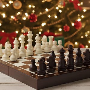 Op de afbeelding: Een schaakspel met witte en zwarte stukken op een bruin en beige schaakbord. Het bord staat op een licht houten oppervlak, met een kerstboom versierd met lichtjes en ornamenten op de achtergrond.