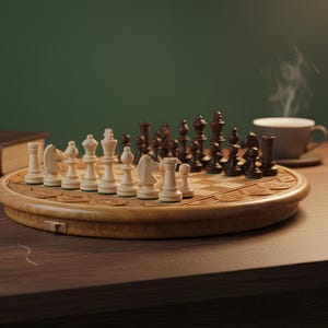 Puede incluir: Un juego de ajedrez de madera con piezas claras y oscuras está colocado sobre un tablero redondo de madera tallada. Una taza de café humeante está cerca, con un libro y una lámpara en el fondo. El tablero de ajedrez tiene unos 36 cm de diámetro.