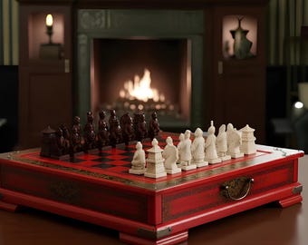 Terracotta Army Chess Set 10.24": Antique Wooden Board, Handmade Collector's Gift