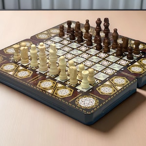 Hand-crafted 3-in-1 Wooden Game Set: Chess, Checkers, Backgammon - Folding 13.4&quot; Board