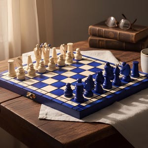 Handmade Blue Wooden Chess Set 12'': Velvet-Lined Folding Board