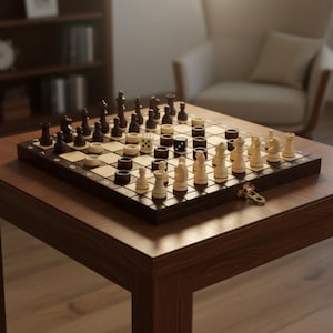 Könnte beinhalten: Ein Schachspiel mit schwarzen und cremefarbenen Figuren auf einem Holzbrett, das auf einem dunkelbraunen Tisch steht. Die Schachfiguren sind in ihren Ausgangspositionen angeordnet. Der Tisch ist aus dunklem Holz.