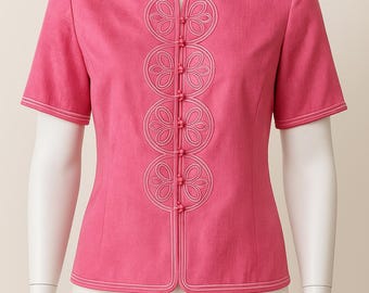 Jaqueta curta bordada vintage Adrianna Papell 100% seda – Tamanho 6