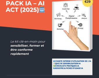 May include: An orange and black graphic with the text "PACK IA - AI ACT (2025)". A white book shows icons for leadership, business, advertising, marketing, strategy, and analysis. A hand points to "Digital Transformation".