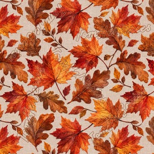 May include: A fabric pattern featuring a repeating design of autumn maple and oak leaves in shades of red, orange, and brown against a light beige textured background. The text TomHelSeries is overlaid diagonally across the image.