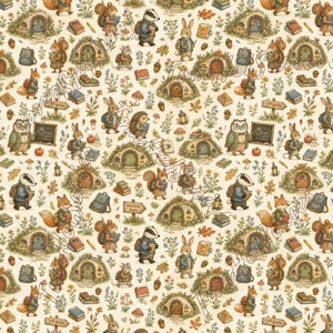 Könnte beinhalten: Ein sich wiederholendes Muster mit anthropomorphen Waldtieren wie Eichhörnchen, Dachsen, Kaninchen und Eulen, die Rucksäcke tragen und Bücher halten. Das Design enthält kleine Erdhäuser, Blumen, Eicheln und Schilder mit der Aufschrift 2nd grade.