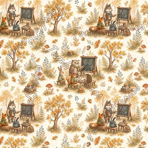May include: A repeating pattern on a cream background featuring woodland animals in a forest setting. Illustrations include owls, foxes, badgers, and rabbits wearing jumpers, gathered around small wooden chalkboards, trees, and mushrooms.