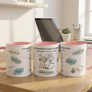 May include: Three white ceramic mugs with pink interiors and handles are displayed on a wooden surface. Each mug features the text "Calm Annotation Code: 2026 Edition" and cartoon illustrations with phrases like "Breathe first" and "Zoom solves doubt."