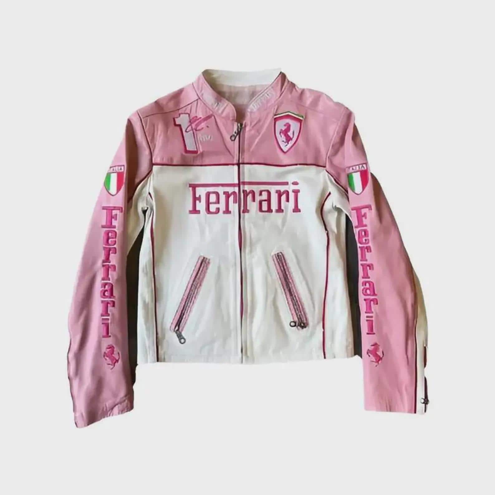 Ferrari フェラーリ レザージャケット 未使用 M ピンク×ホワイト Full-Zip Racer Pink Ferrari Leather Jacket