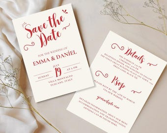 Save The Date Card Template | Crimson Red Script Wedding Invite | Editable Canva Printable Set