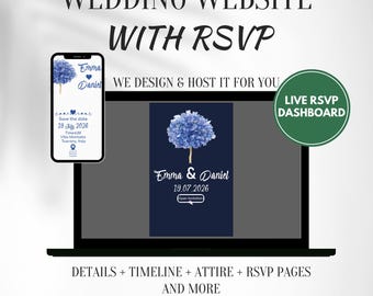 Página web de boda azul marino con confirmación de asistencia / Diseño floral de hortensias / Alojamiento personalizado / Diseñamos para ti