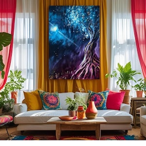May include: A vibrant living room with a large painting of a tree with blue and purple hues. The room features a white sofa with colorful pillows, red and yellow curtains, and various potted plants. A patterned chair adds to the bohemian style.