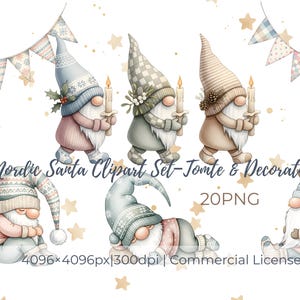 May include: Watercolor illustration of Nordic gnomes with long hats, holding candles, and wearing pink, gray, and beige outfits. The image includes star and banner decorations, and the text "Nordic Santa Clipart Set-Tomte & Decorations".