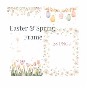 Op de afbeelding: Waterverfillustratie met de tekst "Easter & Spring Frame" en "28 PNG's". De afbeelding toont bloemen- en eierdecoraties, waaronder tulpen, madeliefjes en hangende paaseieren in pastelkleuren.