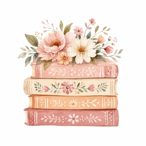 Puede incluir: Una pila de cuatro libros en tonos rosa, crema y naranja, cada uno con un patr&oacute;n floral decorativo en el lomo. Un arreglo de acuarela de flores rosas y blancas con hojas verdes descansa sobre el libro situado en la parte superior.