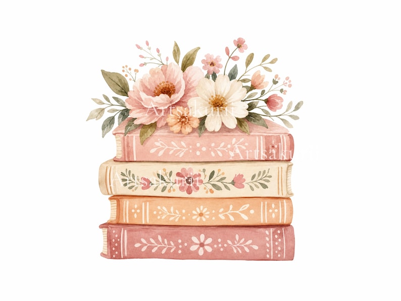 Puede incluir: Una pila de cuatro libros en tonos rosa, crema y naranja, cada uno con un patr&oacute;n floral decorativo en el lomo. Un arreglo de acuarela de flores rosas y blancas con hojas verdes descansa sobre el libro situado en la parte superior.