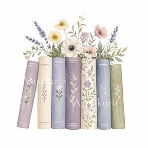 Puede incluir: Una ilustraci&oacute;n en acuarela de siete libros colocados verticalmente en fila, con lomos en tonos pastel lavanda, crema, azul y verde. Un ramo de flores silvestres, que incluye margaritas, lavanda y an&eacute;monas, sobresale por la parte superior.