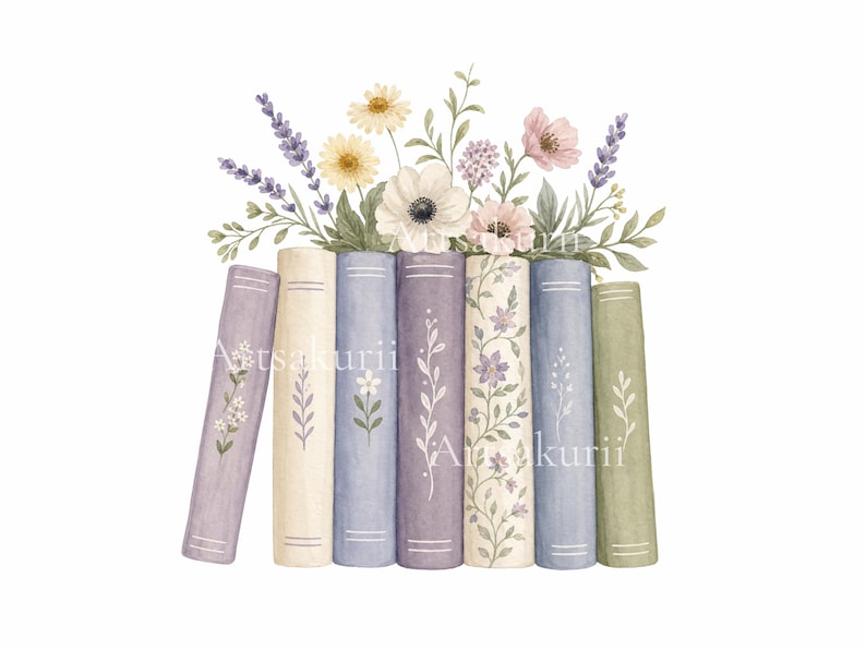 Puede incluir: Una ilustraci&oacute;n en acuarela de siete libros colocados verticalmente en fila, con lomos en tonos pastel lavanda, crema, azul y verde. Un ramo de flores silvestres, que incluye margaritas, lavanda y an&eacute;monas, sobresale por la parte superior.