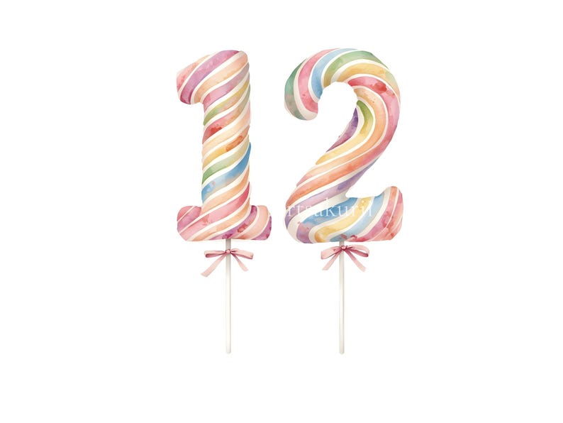 May include: Two cake toppers shaped as the numbers one and two, featuring a watercolor-style diagonal striped pattern in pastel shades of pink, blue, yellow, and green. Each number is attached to a white stick with a small pink ribbon bow.