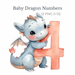 Baby Dragon Numbers 1–12 Clipart, Birthday Number PNG, Monthly Milestone Illustration, Watercolor Dragon with Numbers