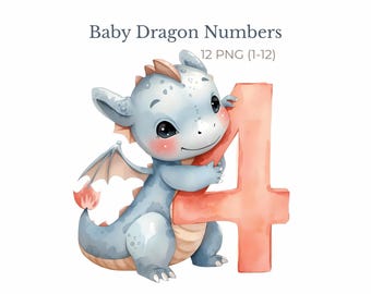 Set di clipart PNG con drago e numeri ad acquerello (1-12) | Perfetto per creare biglietti di auguri di compleanno e biglietti mensili