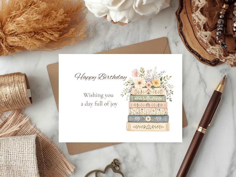 Puede incluir: Una tarjeta de felicitaci&oacute;n rectangular blanca con el texto Happy Birthday y Wishing you a day full of joy. La tarjeta muestra una pila de cinco libros en colores pastel con patrones florales, coronada por un ramo de flores silvestres coloridas.