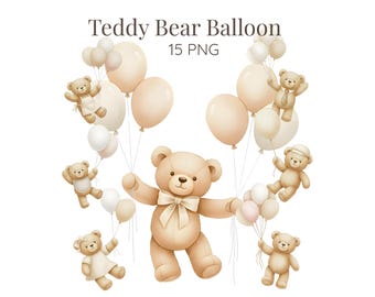 Teddybär- und Ballon-Clipart-Set | Beige Bären, perfekt für Babypartys und Kinderzimmerprojekte | 15 PNGs