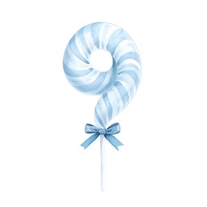 May include: A spiral-shaped lollipop featuring alternating light blue and white diagonal stripes. The candy is attached to a thin white stick and is decorated with a small, solid blue ribbon bow tied at the base where the candy meets the stick.
