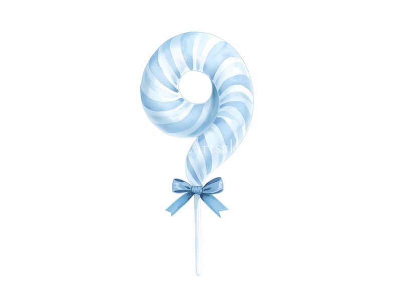 May include: A spiral-shaped lollipop featuring alternating light blue and white diagonal stripes. The candy is attached to a thin white stick and is decorated with a small, solid blue ribbon bow tied at the base where the candy meets the stick.