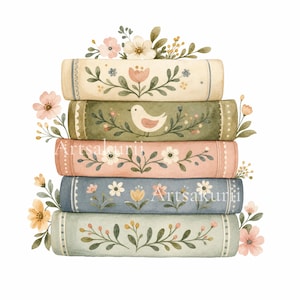 Puede incluir: Una pila de cinco libros con ilustraciones florales y de p&aacute;jaros en tonos suaves de crema, verde, rosa y azul. Los lomos est&aacute;n decorados con motivos bot&aacute;nicos y el texto Artsakurii es visible en el centro de la pila de libros.
