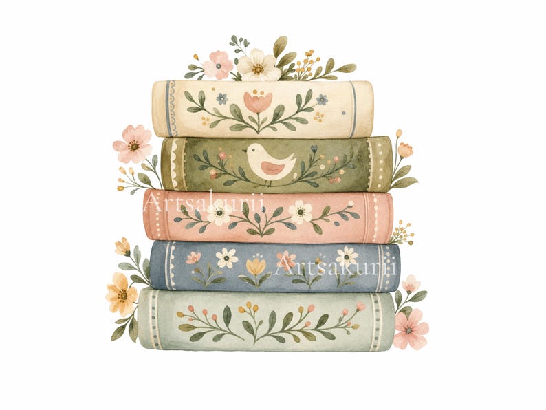 Puede incluir: Una pila de cinco libros con ilustraciones florales y de p&aacute;jaros en tonos suaves de crema, verde, rosa y azul. Los lomos est&aacute;n decorados con motivos bot&aacute;nicos y el texto Artsakurii es visible en el centro de la pila de libros.