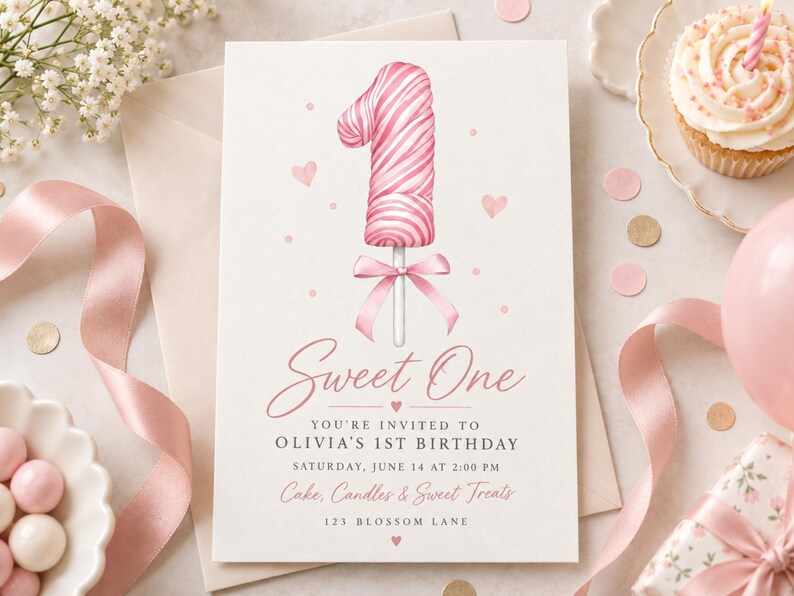 May include: A rectangular birthday invitation card featuring a pink and white swirled number one lollipop illustration with a pink ribbon bow. The text reads: Sweet One, You're invited to Olivia's 1st Birthday, Saturday, June 14 at 2:00 PM, Cake, Candles & Sweet Treats, 123 Blossom Lane.